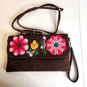 Peruvian hand embroidered flowers dark brown leather purse